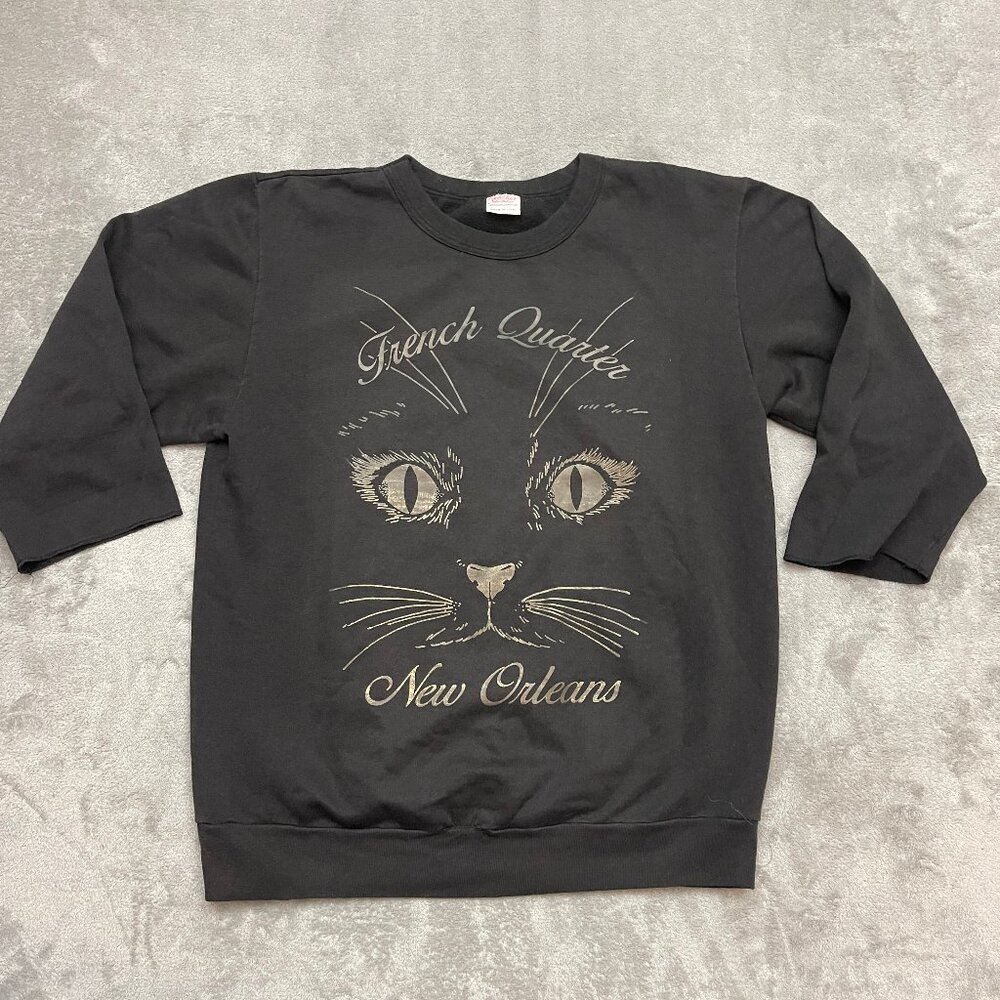 Vintage French Quarter Cat Sweatshirt Black Gold New Orleans 80s L 3/4 Sleeve